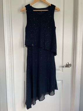 Sleeveless Navy Sparkle Overlay Evening Dress Size Women Medium